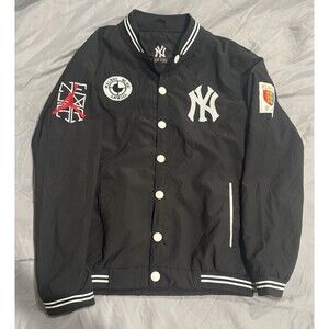 New York Yankees Snap-Front Jacket Black White w/ Patches MLB Baseball Sz Large